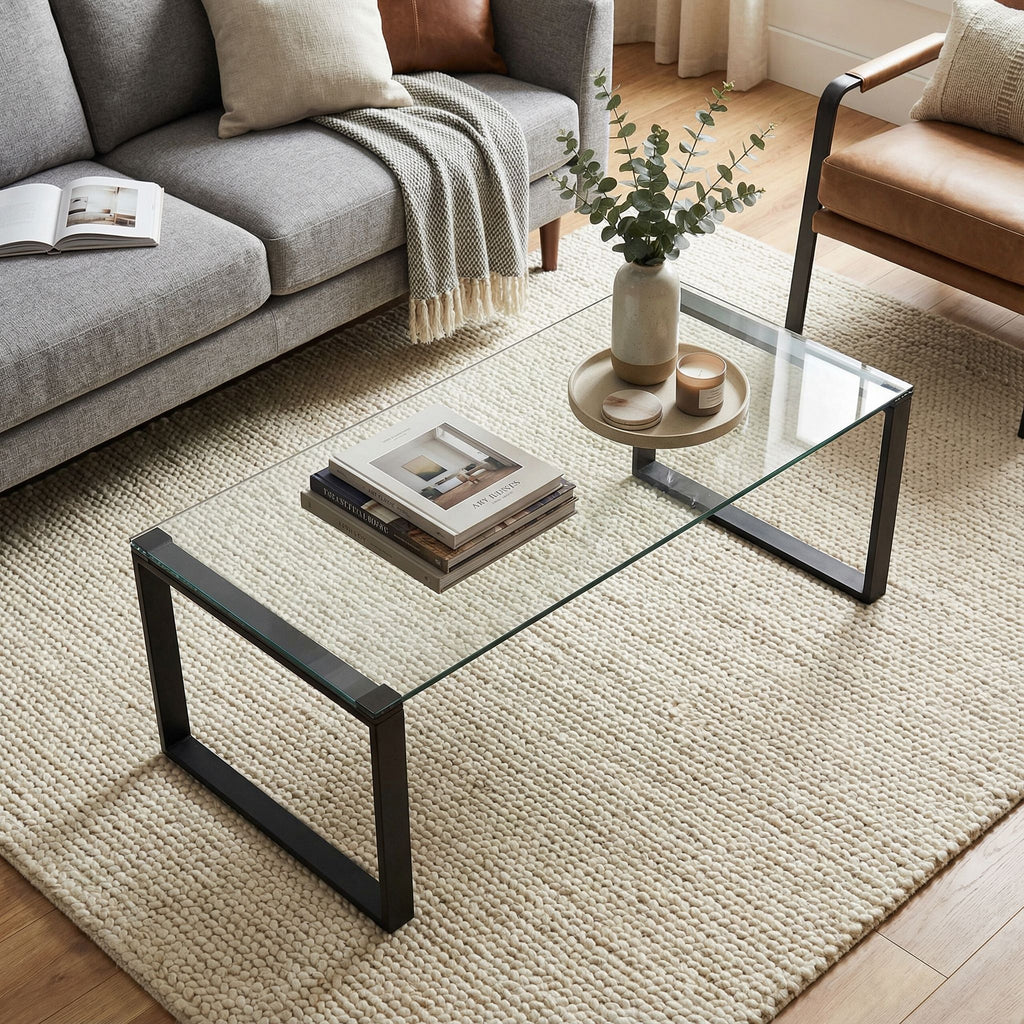 Gega Contemporary Glass Coffee Table in Matte Black, Clear Glass