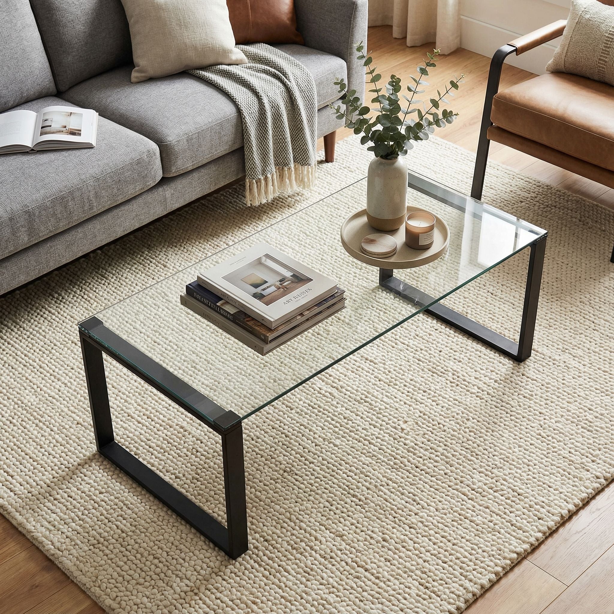 Gega Contemporary Glass Coffee Table in Matte Black, Clear Glass
