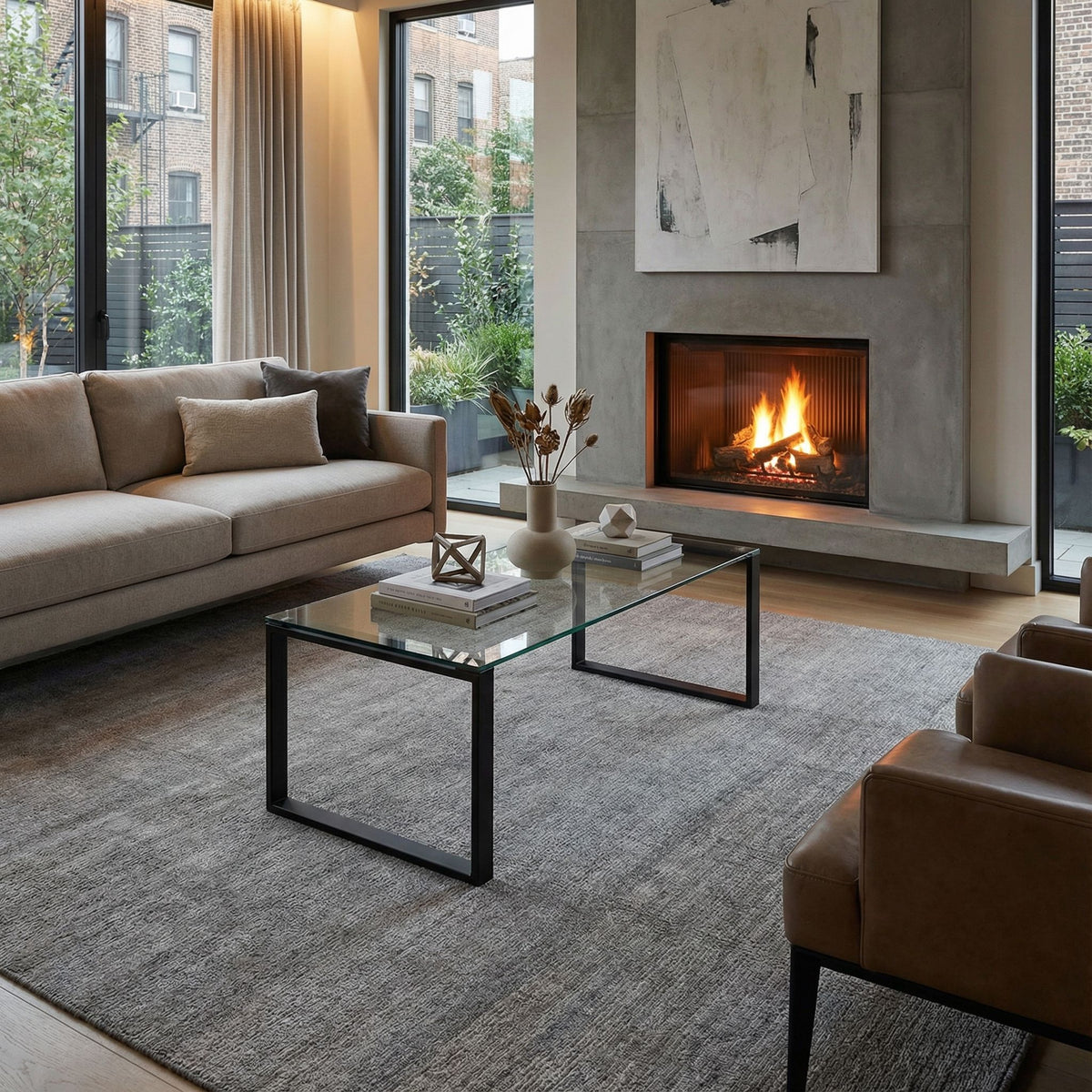 Gega Contemporary Glass Coffee Table in Matte Black, Clear Glass