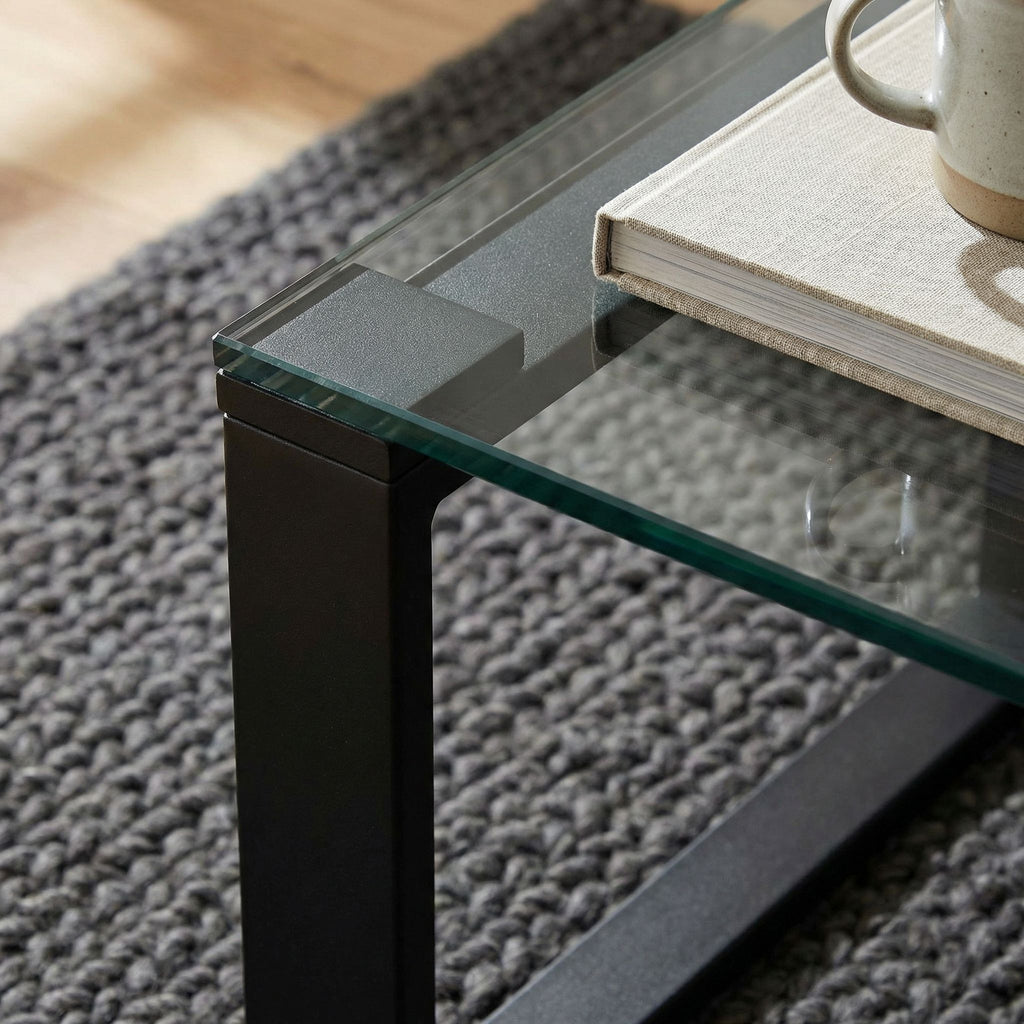 Gega Contemporary Glass Coffee Table in Matte Black, Clear Glass
