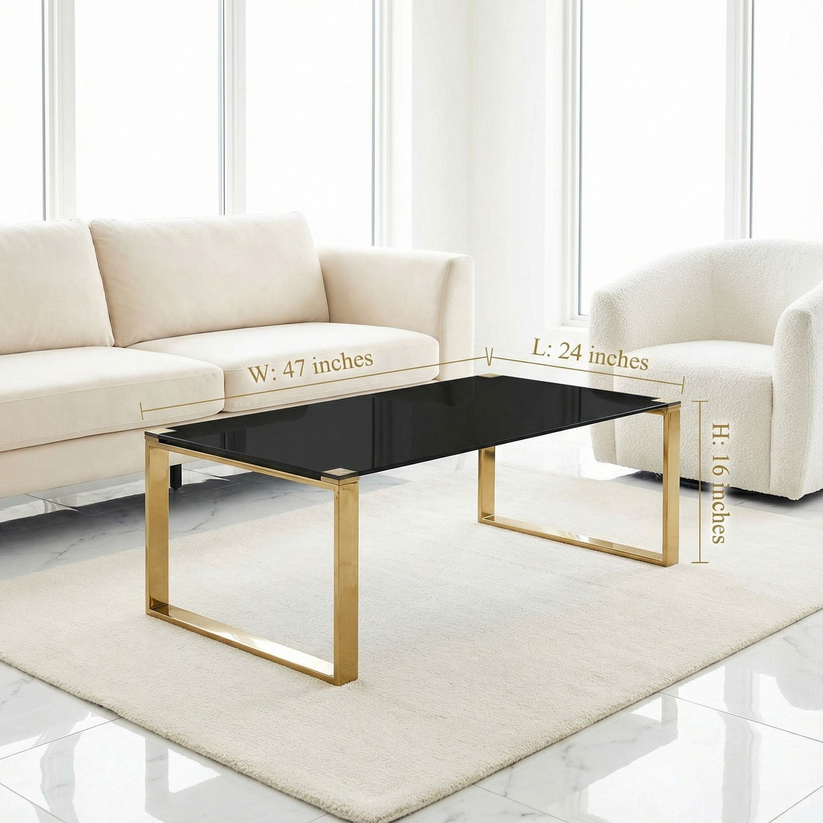 Remini Coffee Table, Gold Metal and Black Glass