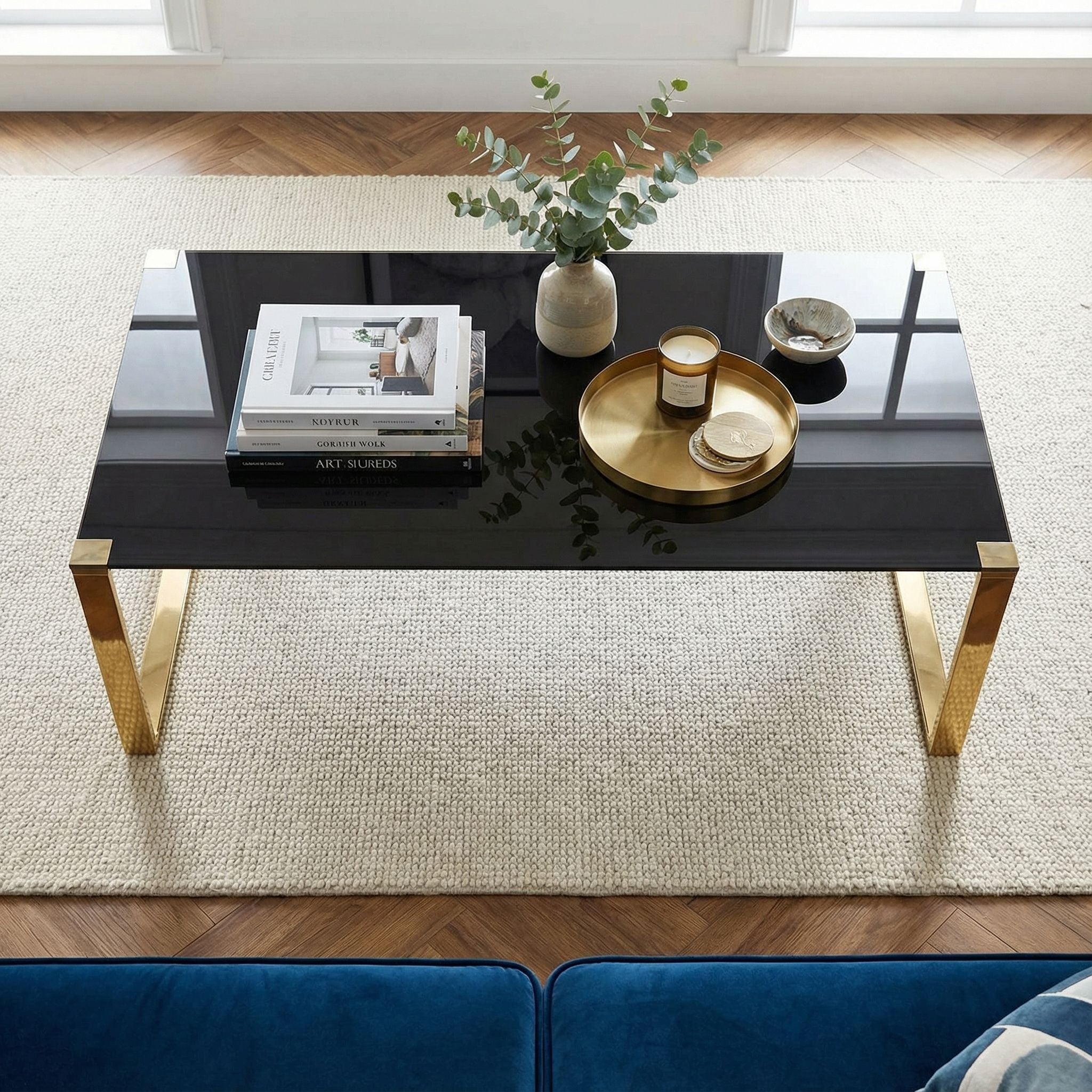 Remini Coffee Table, Gold Metal and Black Glass