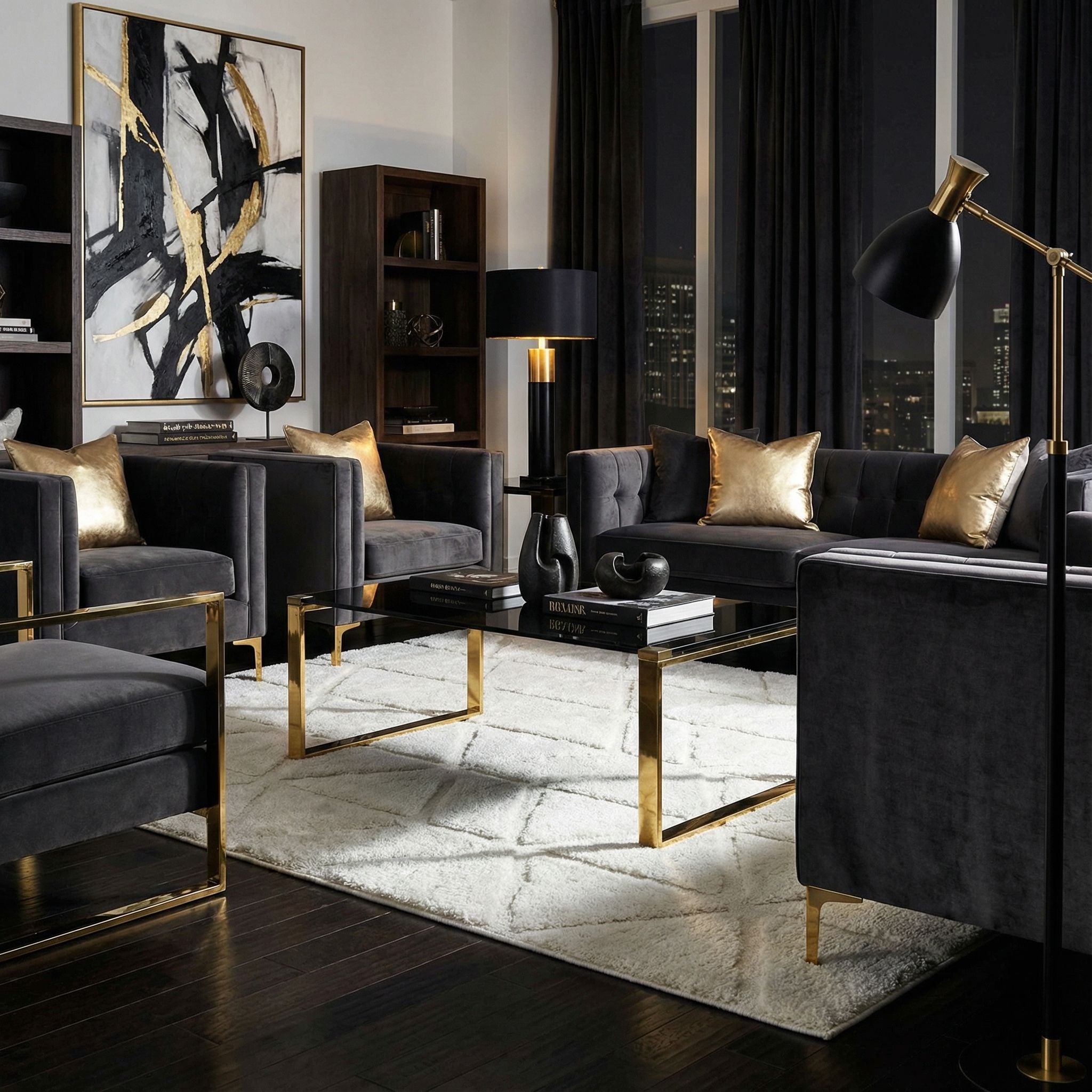 Remini Coffee Table, Gold Metal and Black Glass