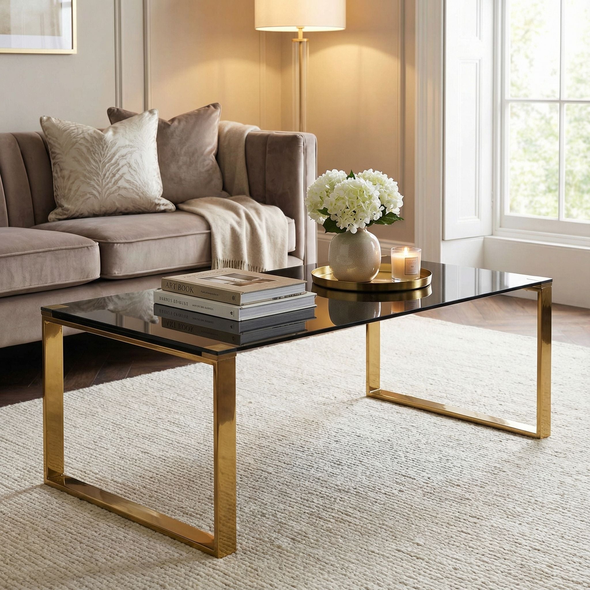 Remini Coffee Table, Gold Metal and Black Glass