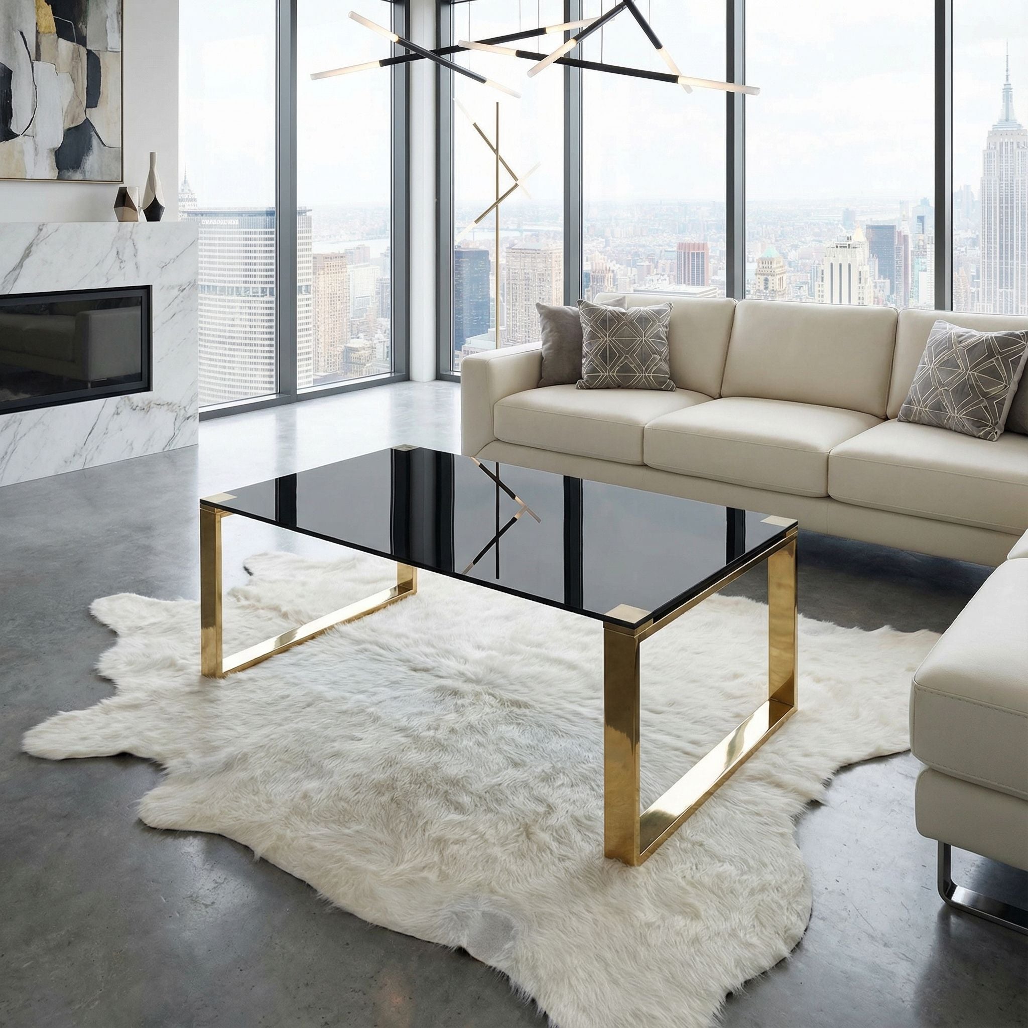 Remini Coffee Table, Gold Metal and Black Glass