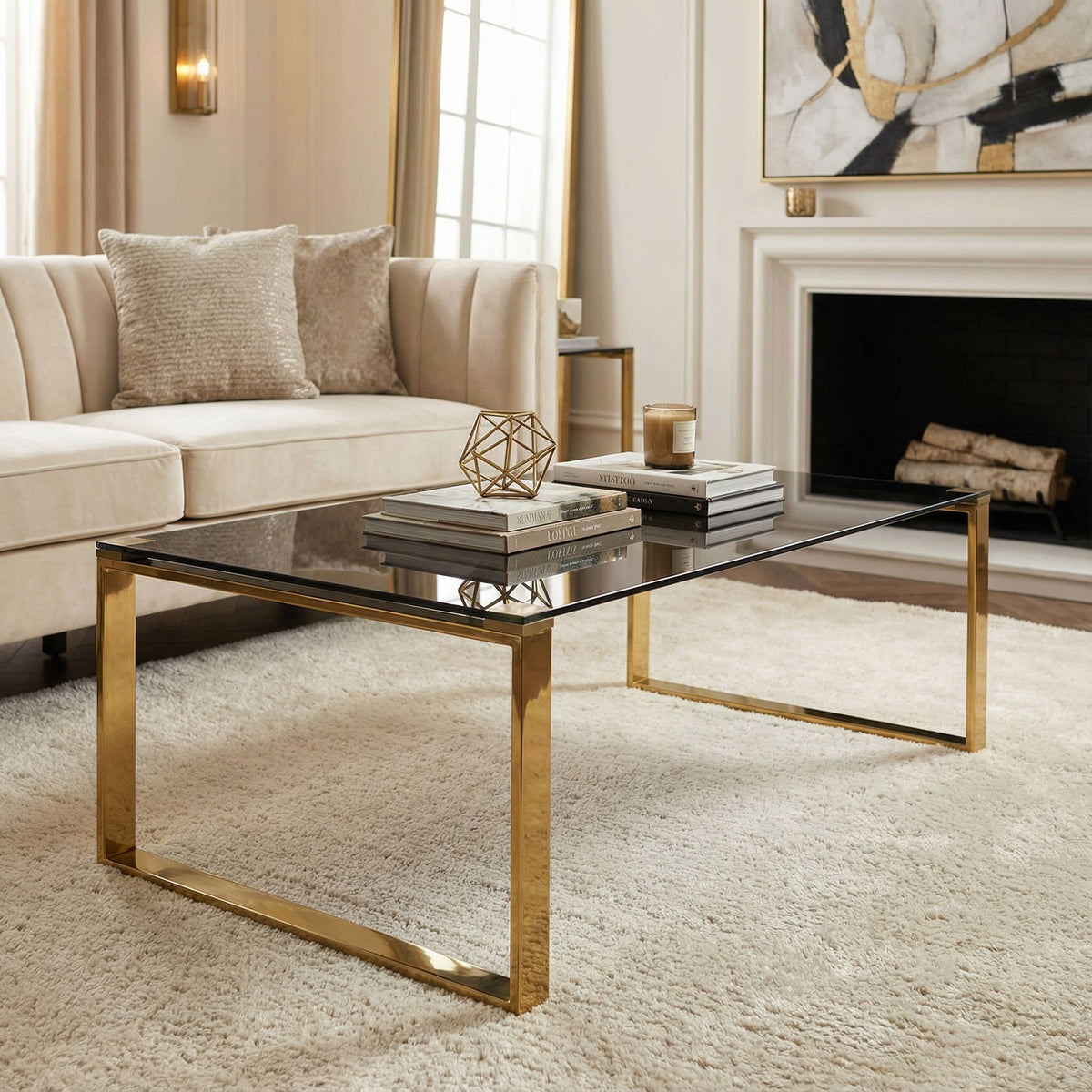 Remini Coffee Table, Gold Metal and Black Glass