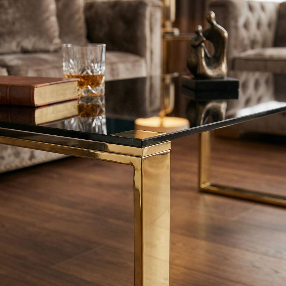 Remini Coffee Table, Gold Metal and Black Glass