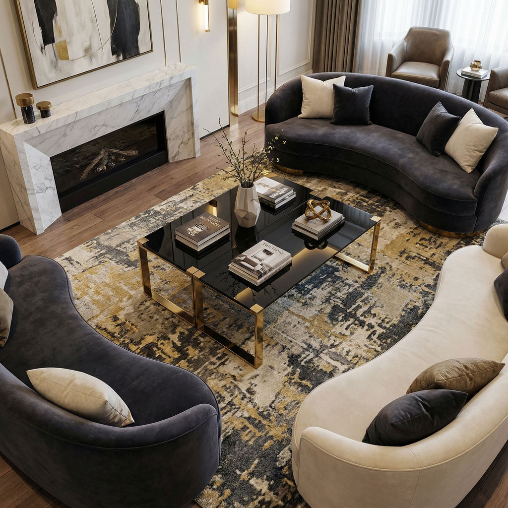 Remini Coffee Table, Gold Metal and Black Glass