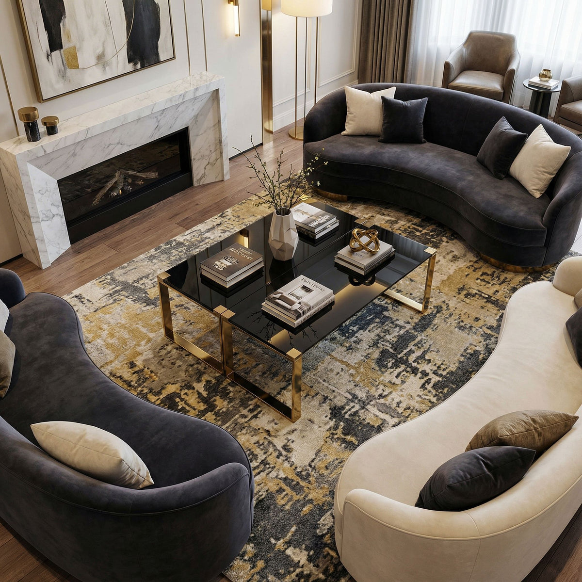 Remini Coffee Table, Gold Metal and Black Glass