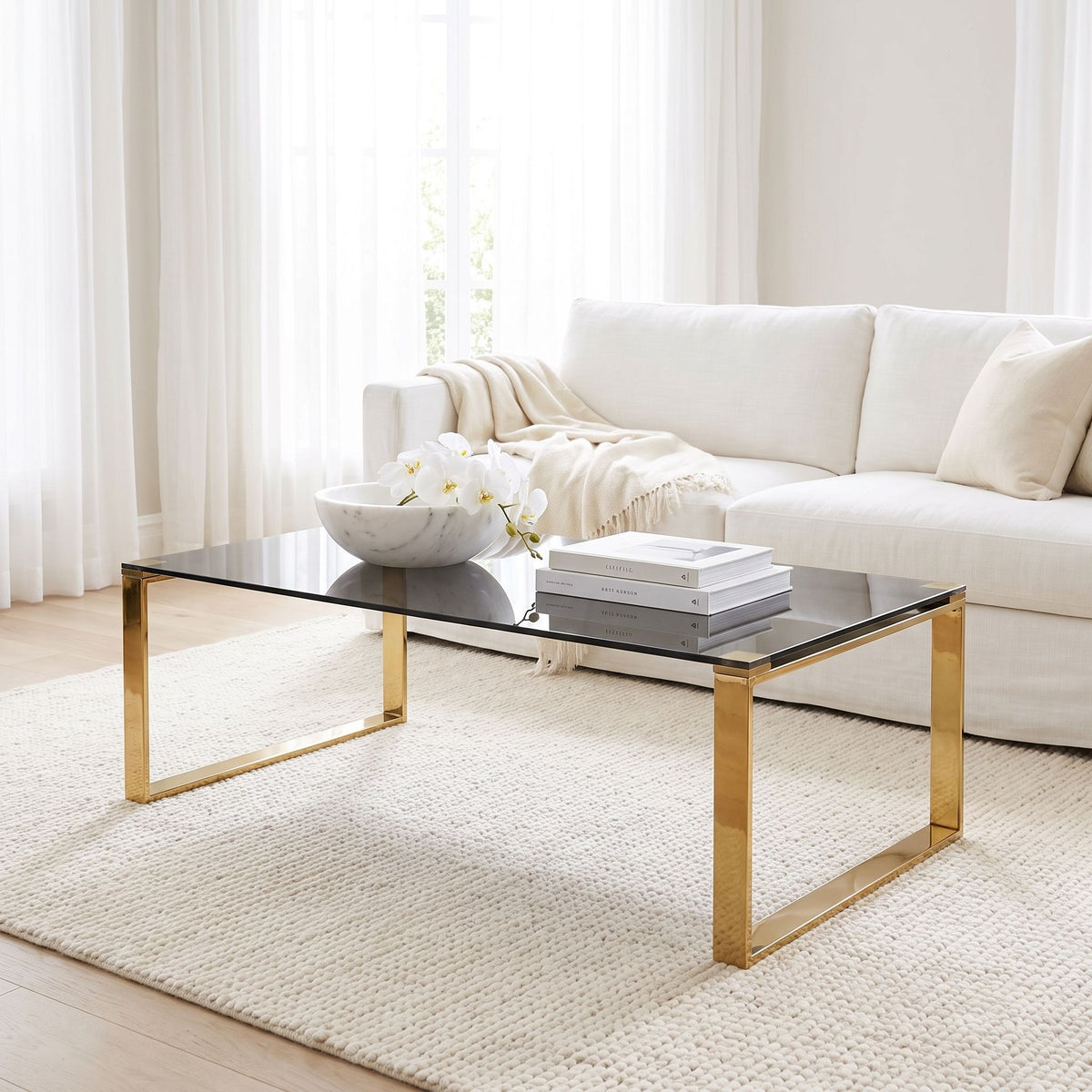 Remini Coffee Table, Gold Metal and Black Glass