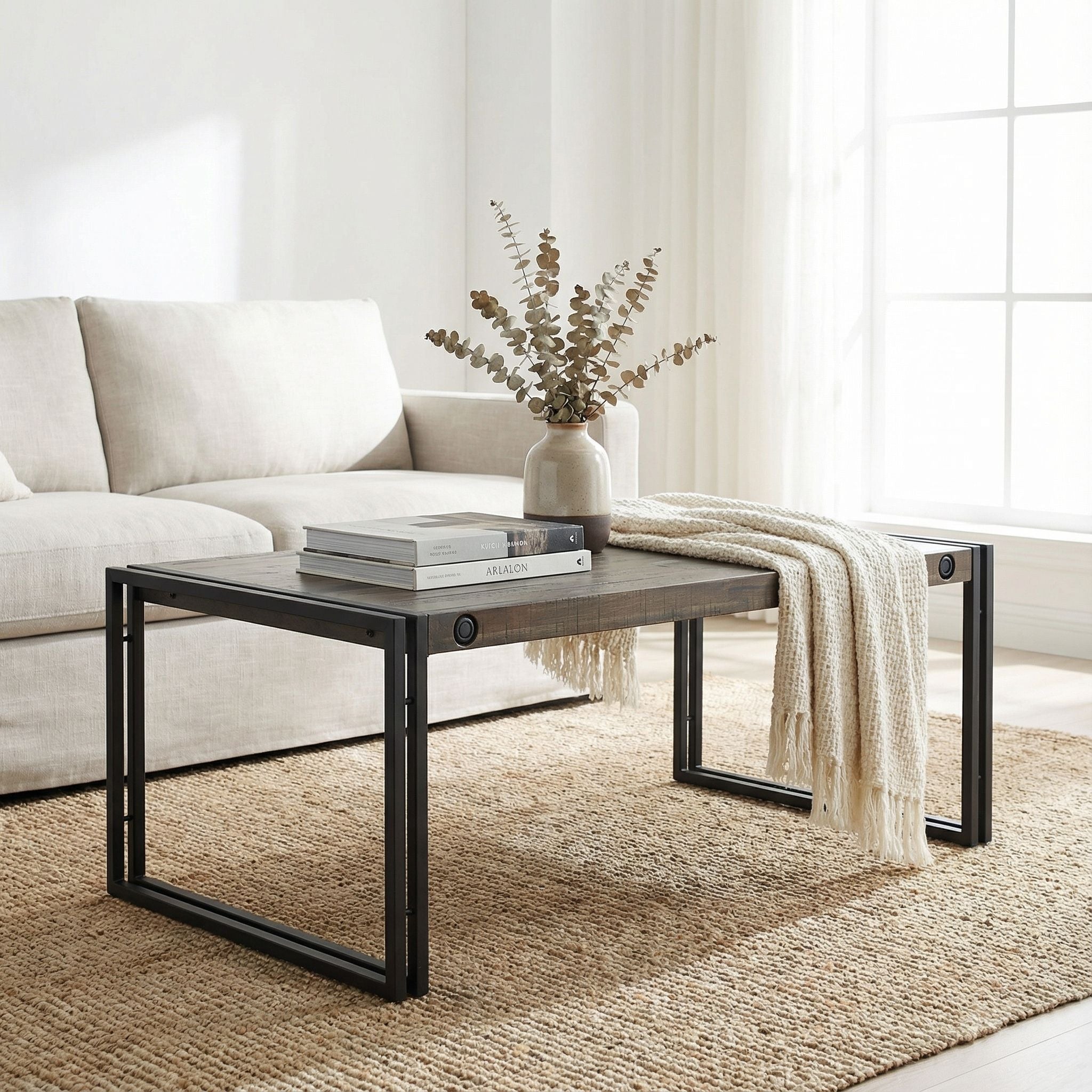 Penni Coffee Table, Solid Wood with Black Metal Frame, Dark Grey