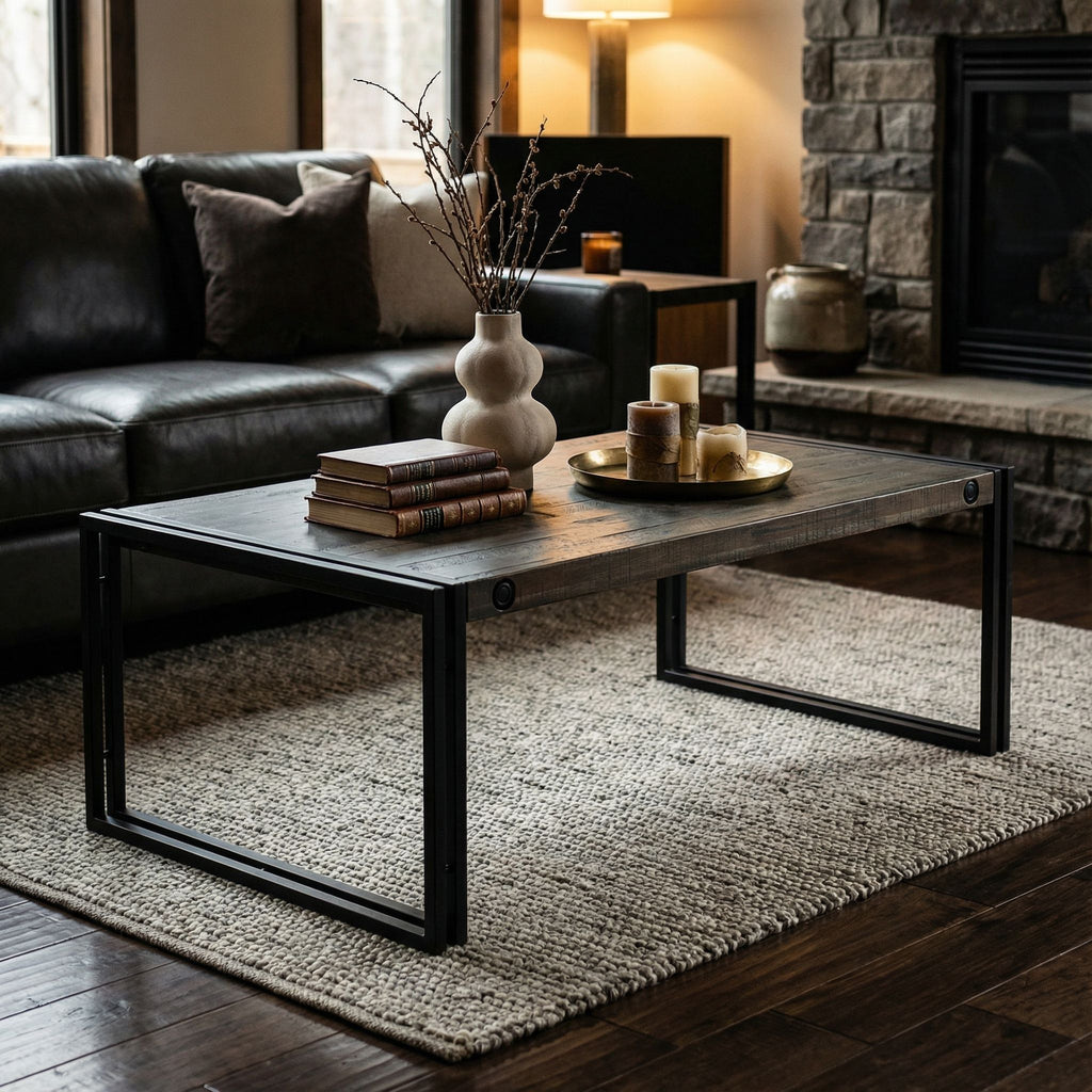 Penni Coffee Table, Solid Wood with Black Metal Frame, Dark Grey