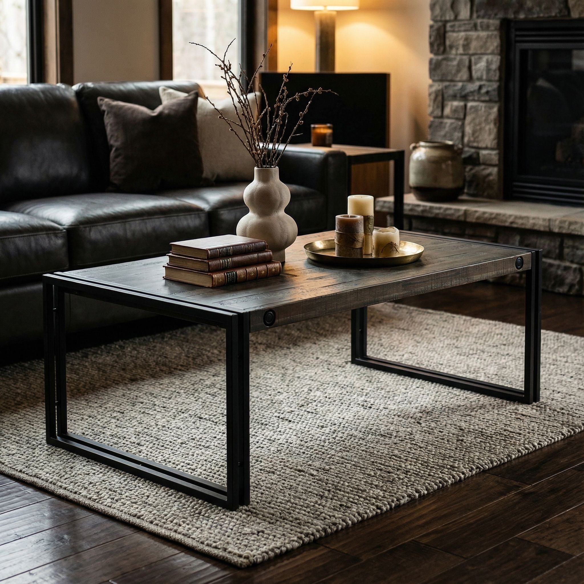 Penni Coffee Table, Solid Wood with Black Metal Frame, Dark Grey