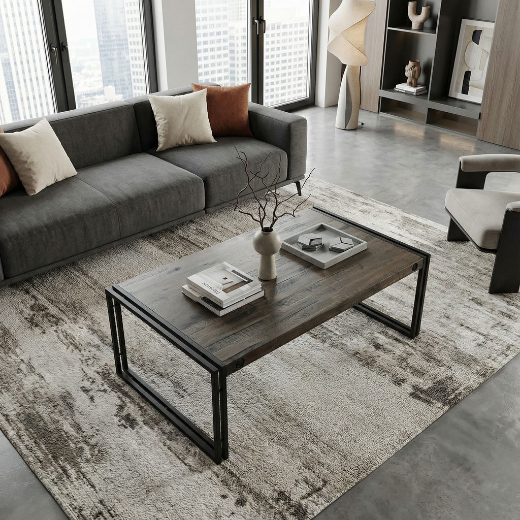 Penni Coffee Table, Solid Wood with Black Metal Frame, Dark Grey