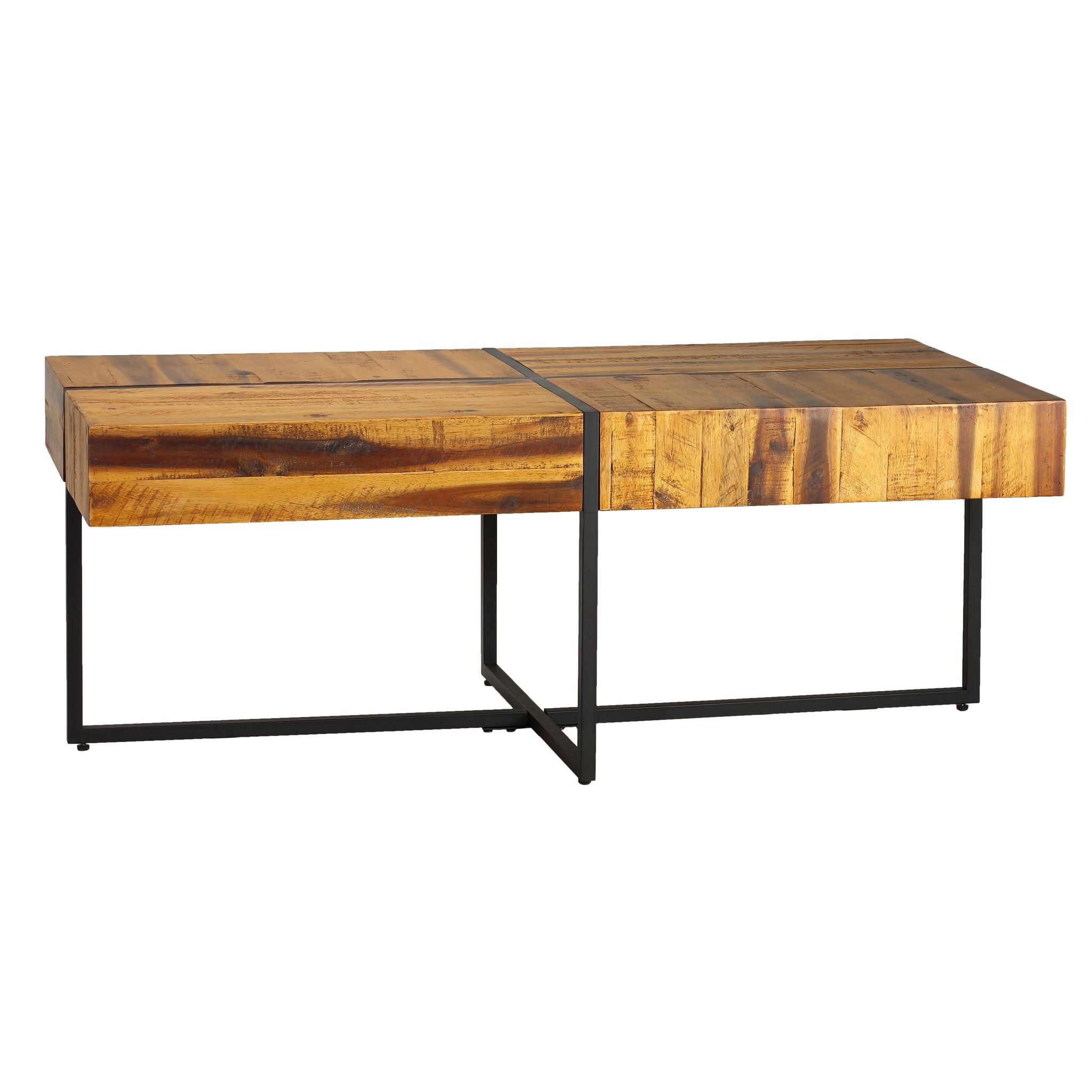 Landon Coffee Table, Solid Wood with Black Metal Frame