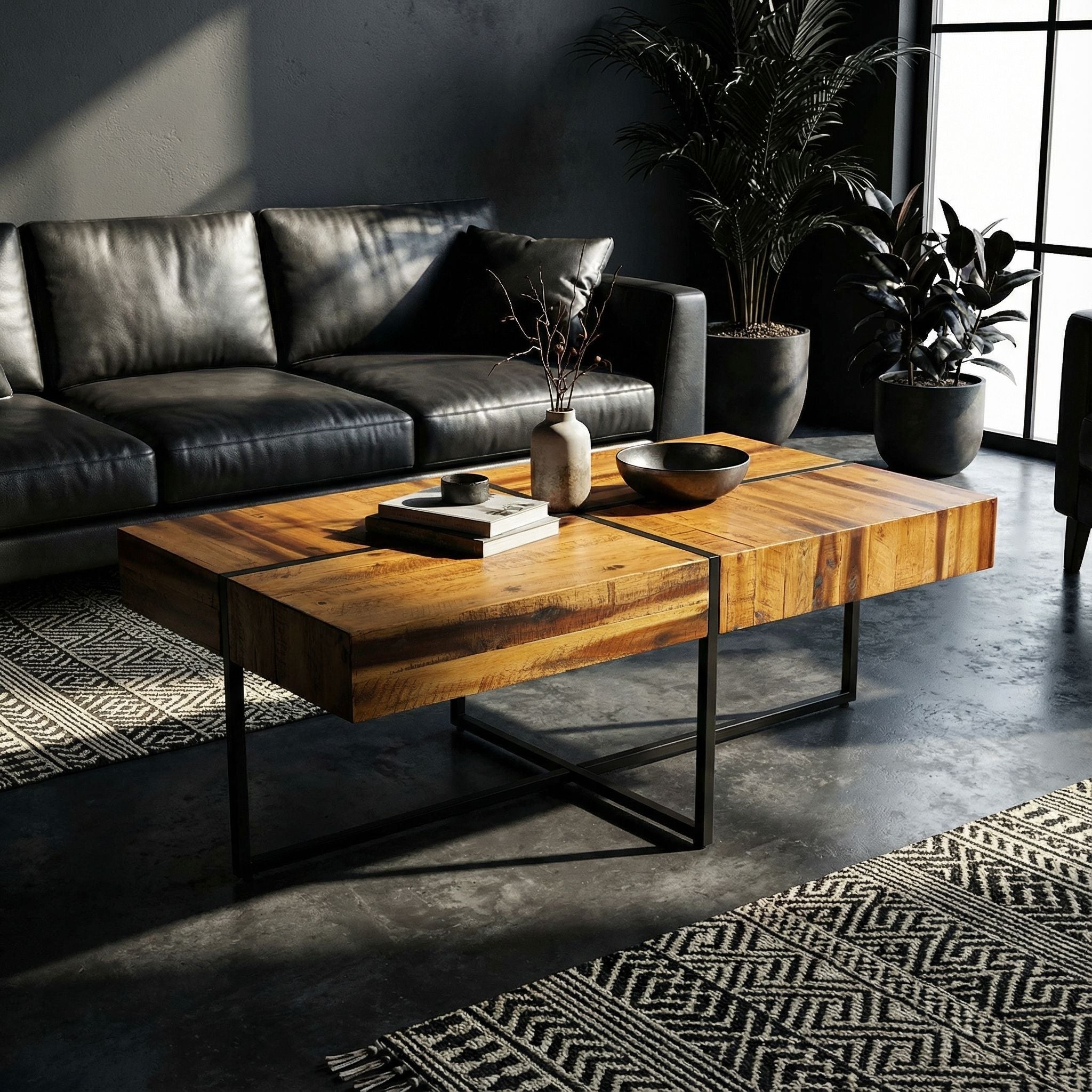 Landon Coffee Table, Solid Wood with Black Metal Frame