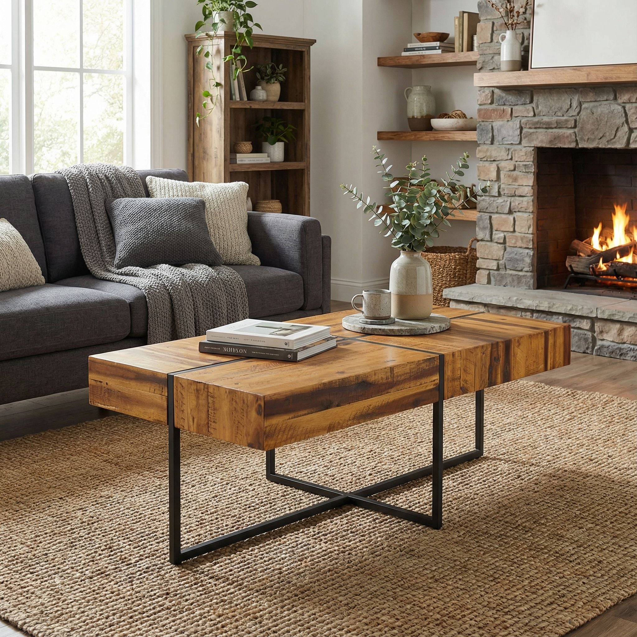 Landon Coffee Table, Solid Wood with Black Metal Frame