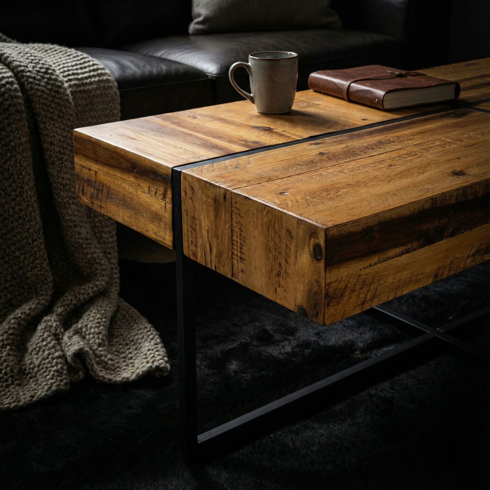 Landon Coffee Table, Solid Wood with Black Metal Frame