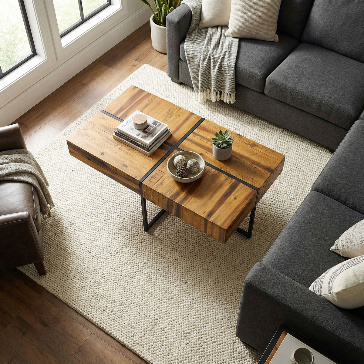 Landon Coffee Table, Solid Wood with Black Metal Frame