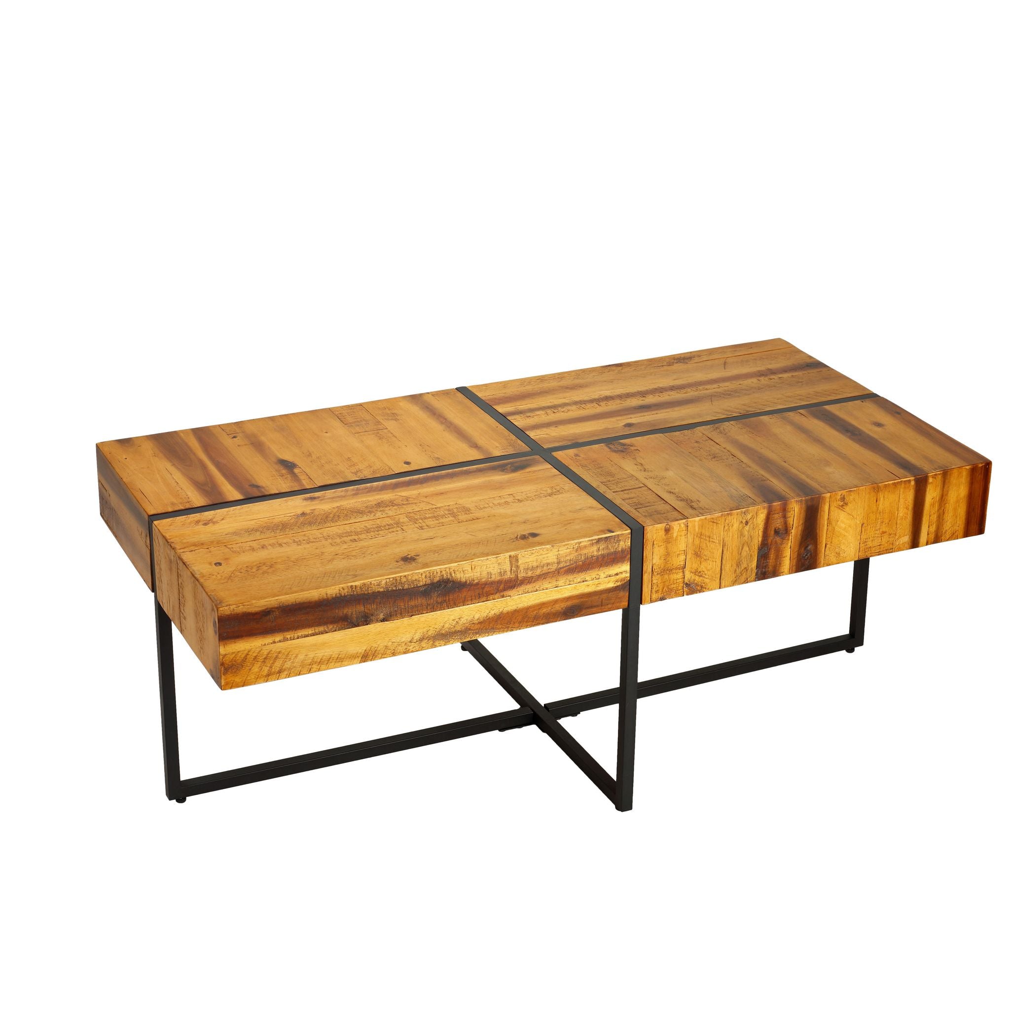 Landon Coffee Table, Solid Wood with Black Metal Frame