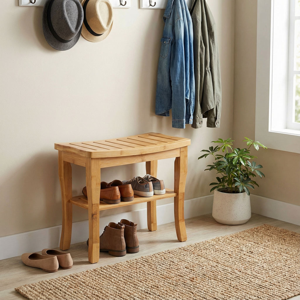 Cortesi Home Mack Natural Bamboo Small Bench with Shelf, 19x10x18