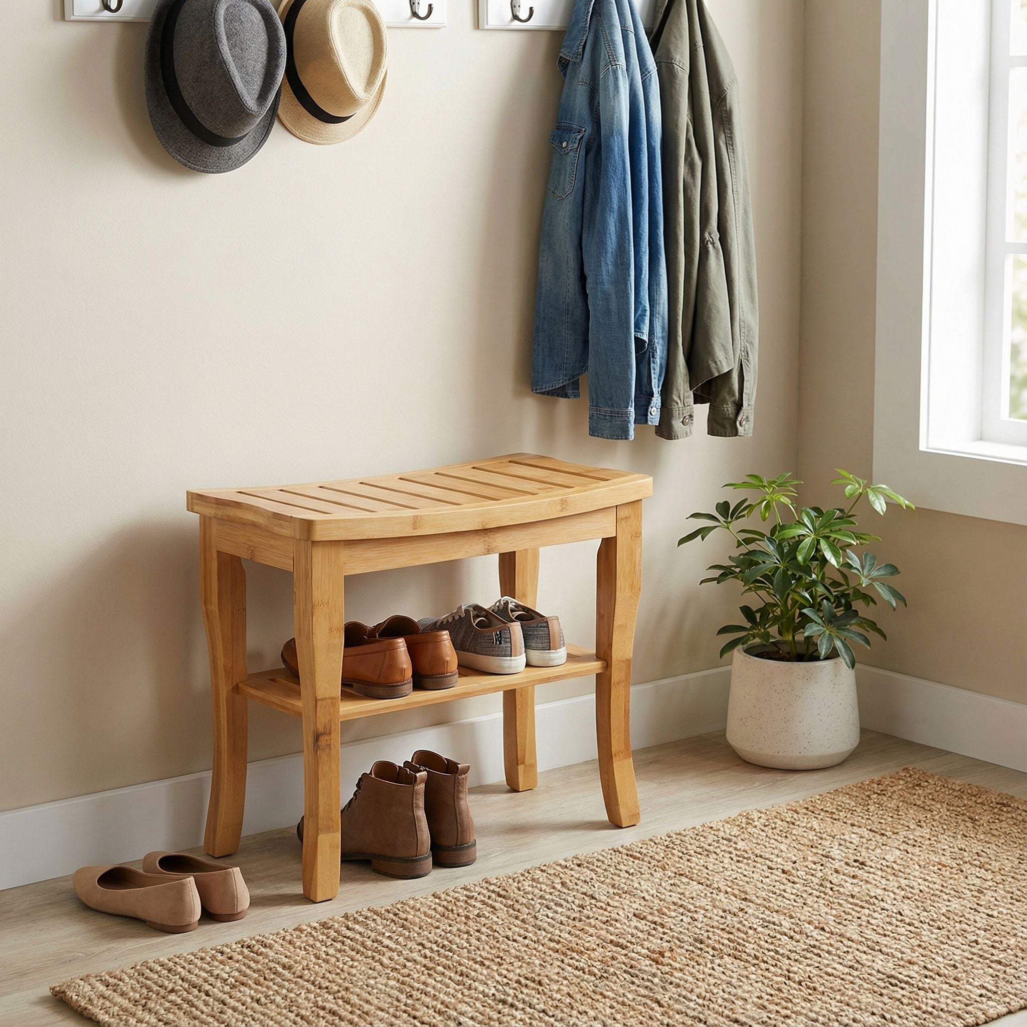 Cortesi Home Mack Natural Bamboo Small Bench with Shelf, 19x10x18
