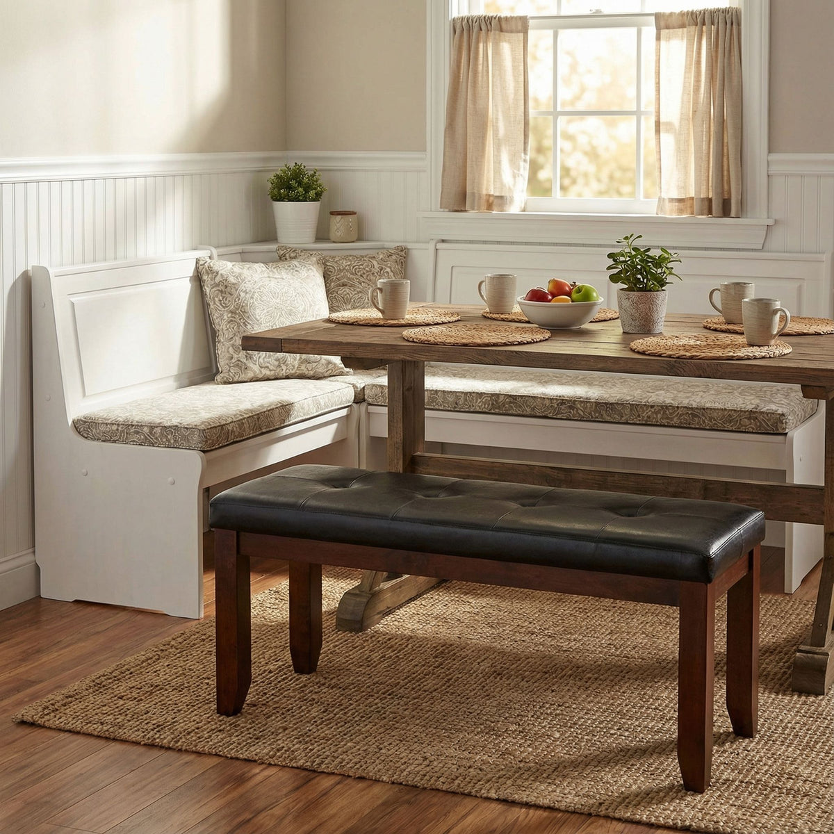 Mandi Dining Bench, Solid Wood & Tufted Black Faux Leather