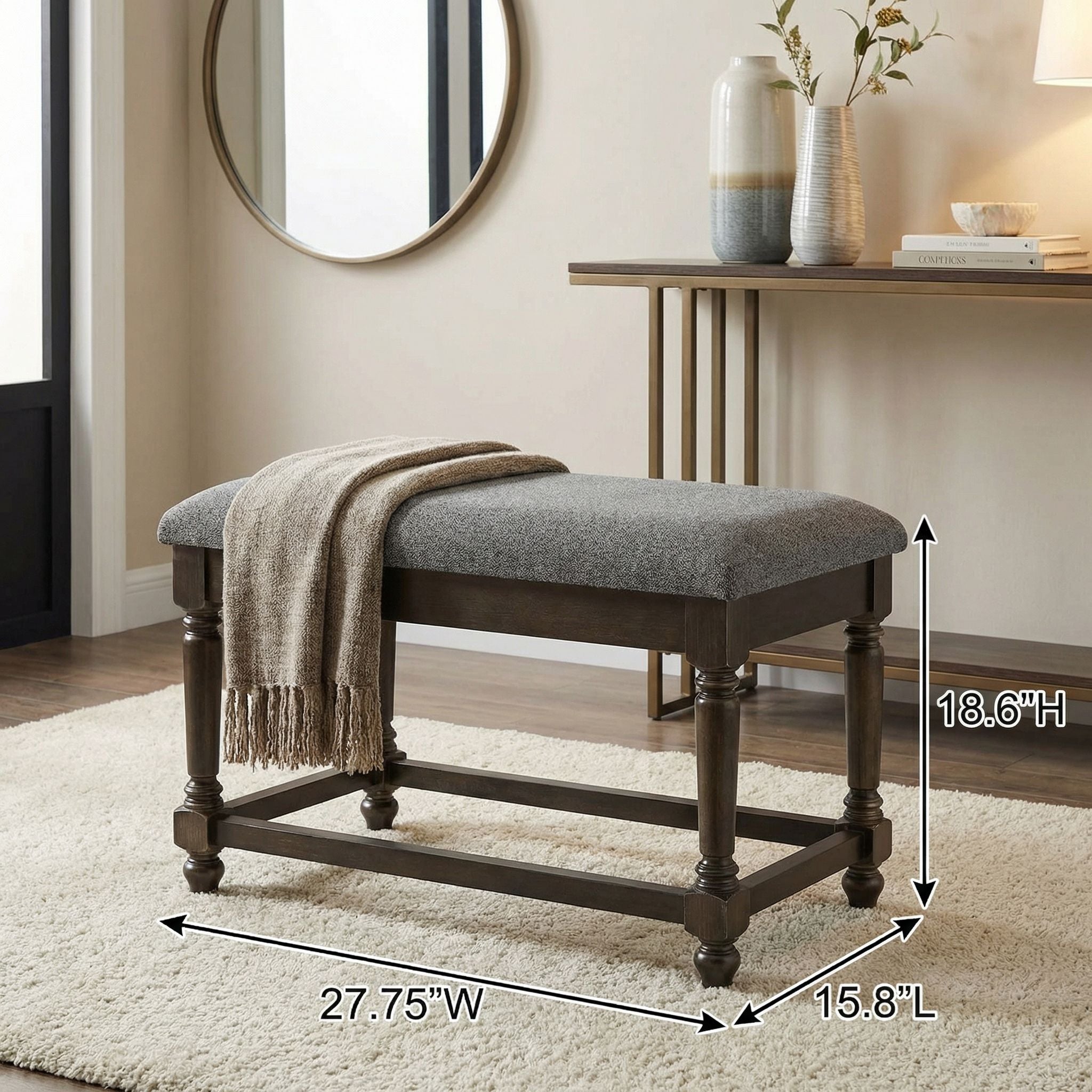 Cortesi Home Enza Bench in Bronze Brown Color with Grey Fabric Cushion