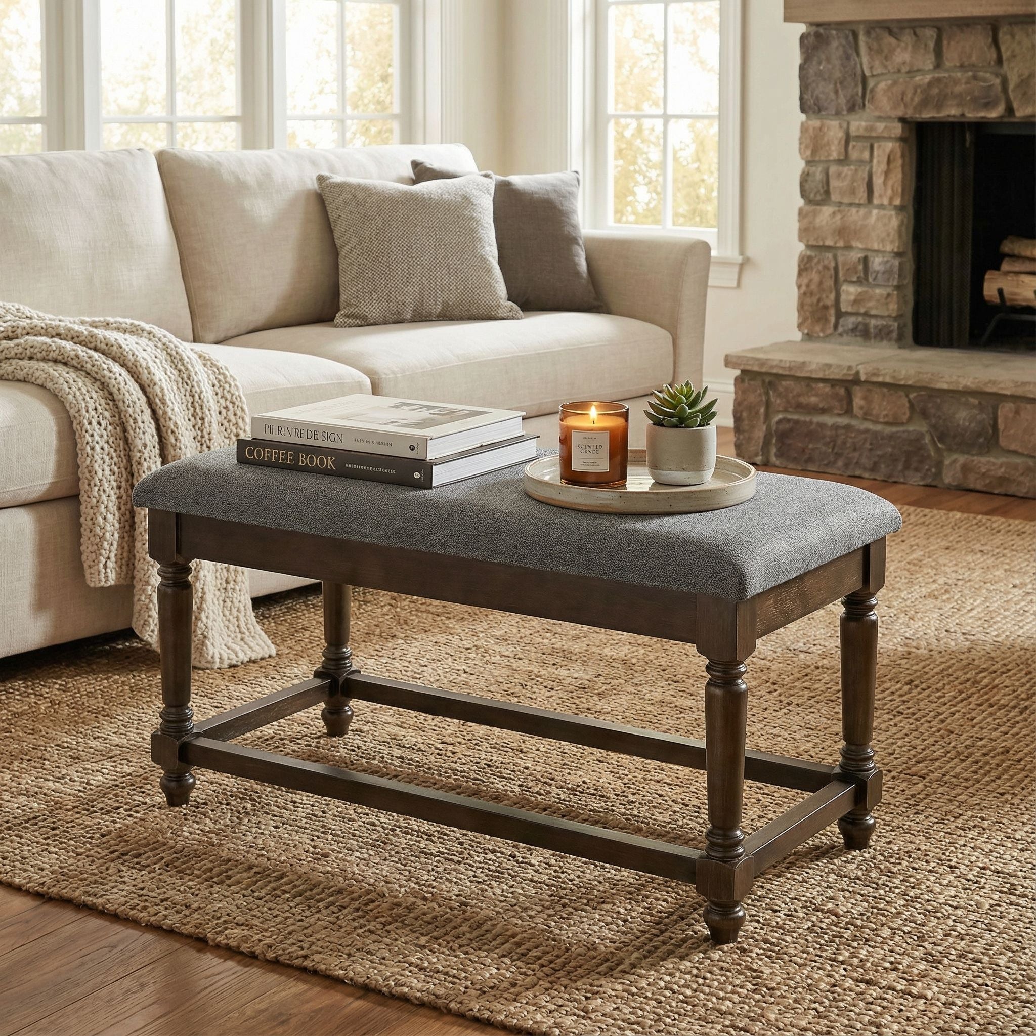 Cortesi Home Enza Bench in Bronze Brown Color with Grey Fabric Cushion