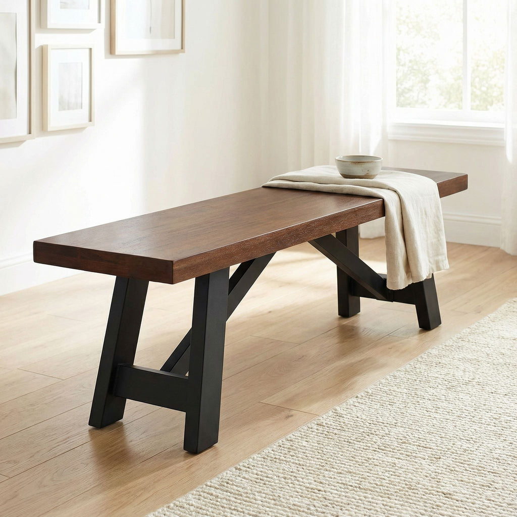 Marli Dining Bench with Black Steel Heavy Duty Trestle Legs, 61" Wide