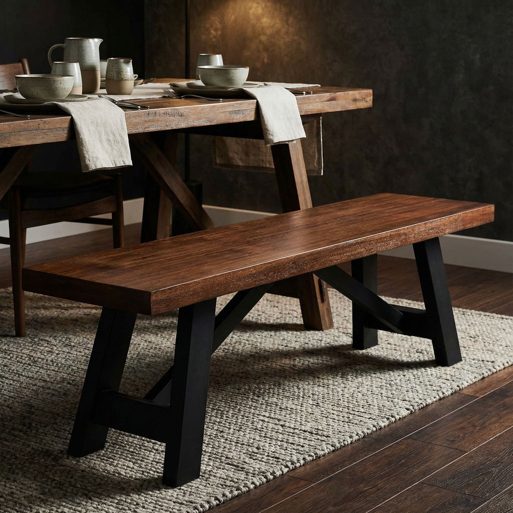 Marli Dining Bench with Black Steel Heavy Duty Trestle Legs, 61" Wide