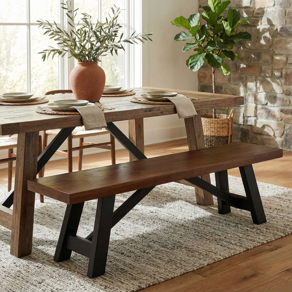 Marli Dining Bench with Black Steel Heavy Duty Trestle Legs, 61" Wide