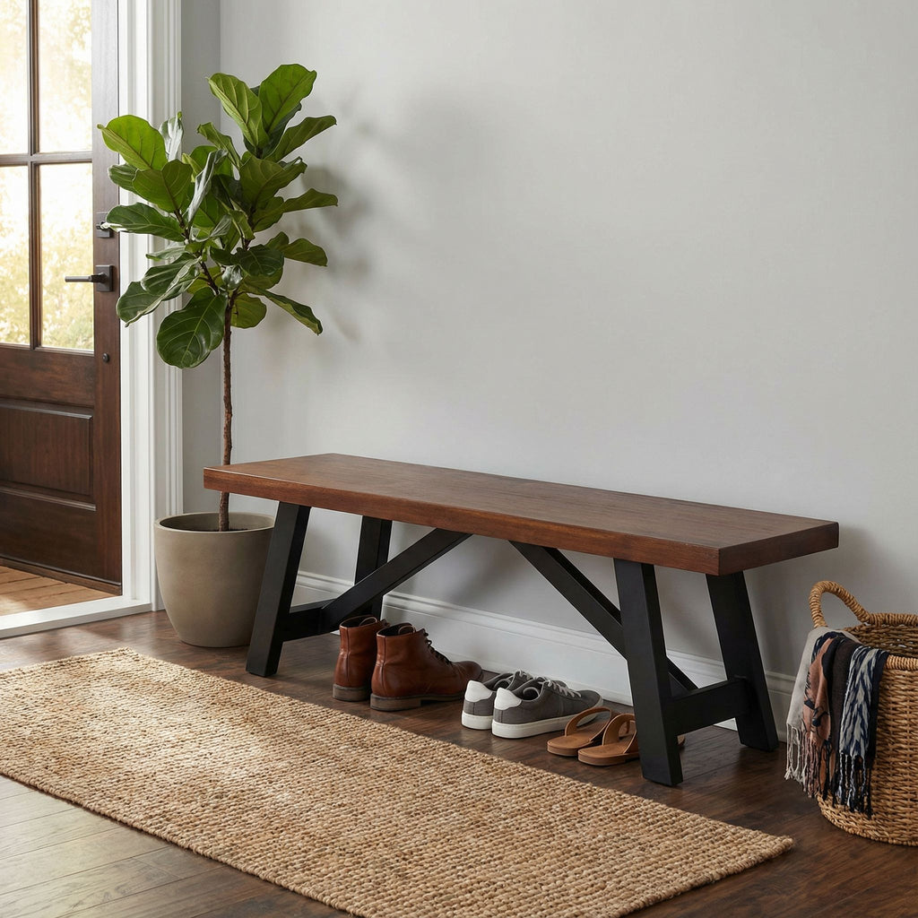 Marli Dining Bench with Black Steel Heavy Duty Trestle Legs, 61" Wide
