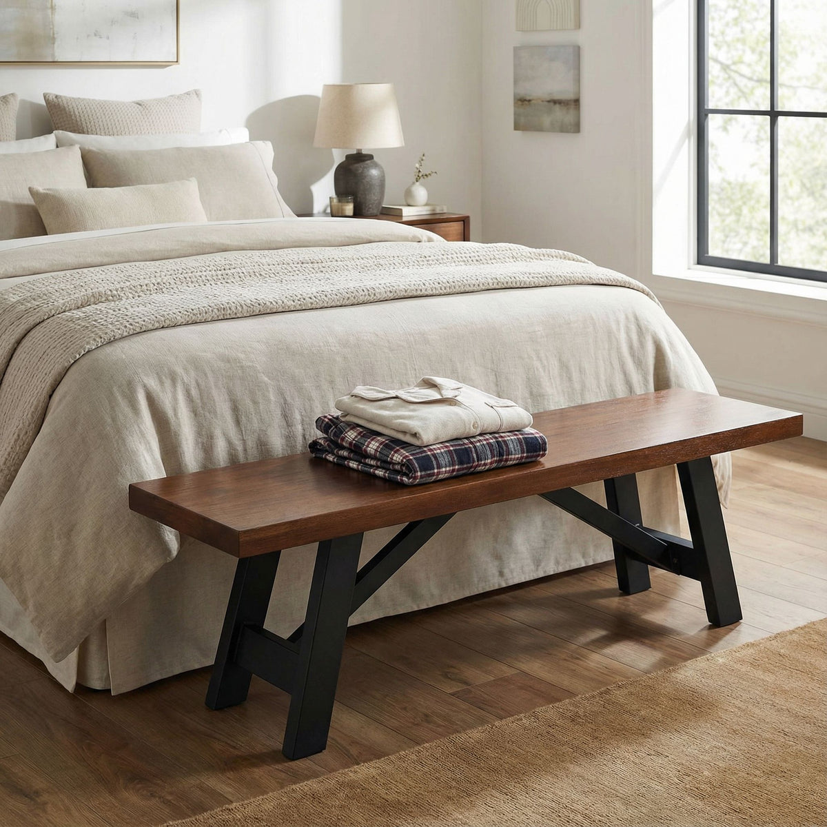 Marli Dining Bench with Black Steel Heavy Duty Trestle Legs, 61" Wide