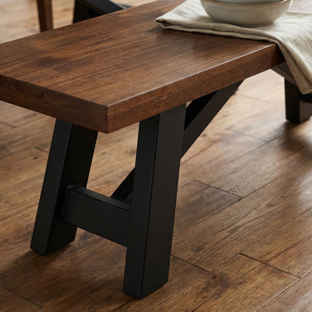 Marli Dining Bench with Black Steel Heavy Duty Trestle Legs, 61" Wide