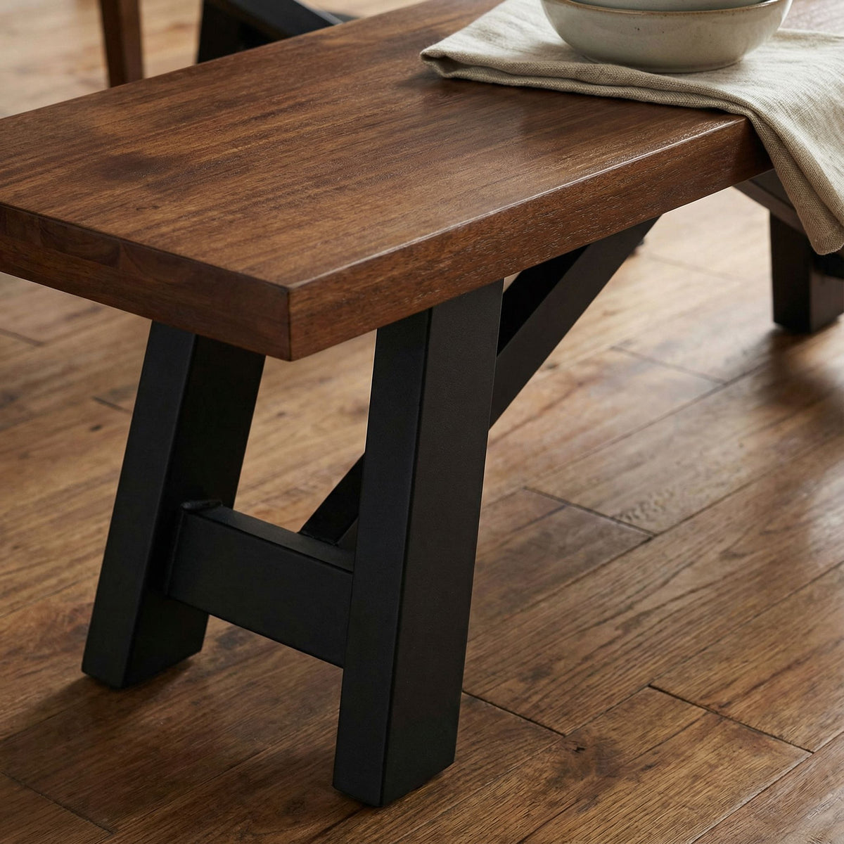 Marli Dining Bench with Black Steel Heavy Duty Trestle Legs, 61" Wide