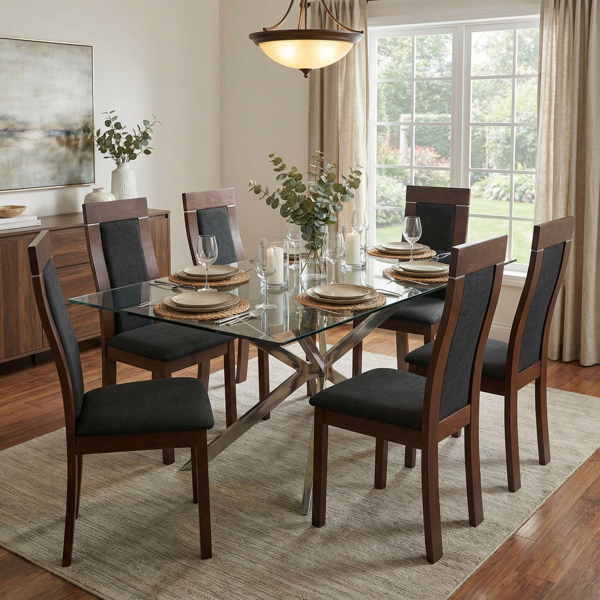 Tia Dining Chair in Charcoal Fabric, Walnut Finish (Set of 2)