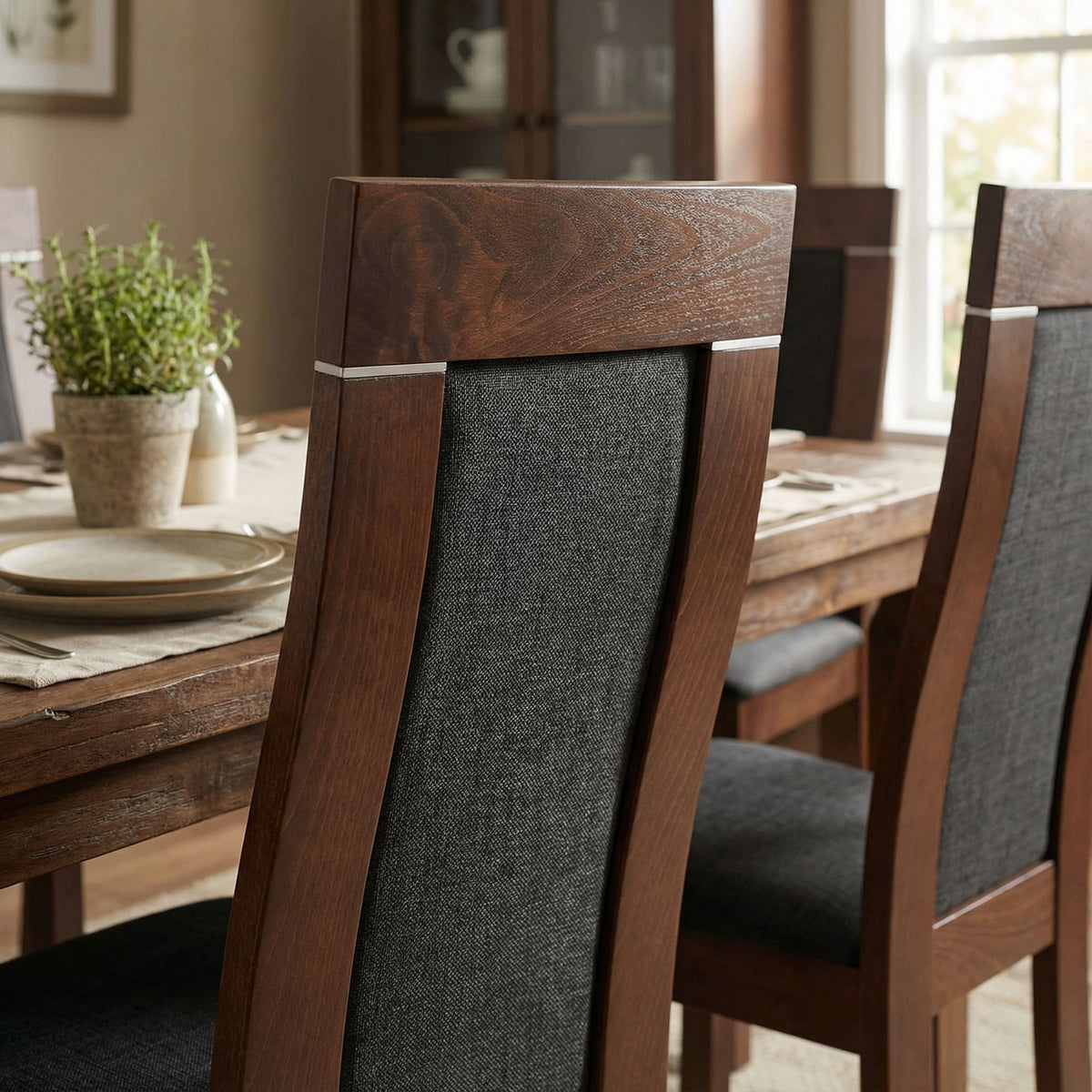 Tia Dining Chair in Charcoal Fabric, Walnut Finish (Set of 2)