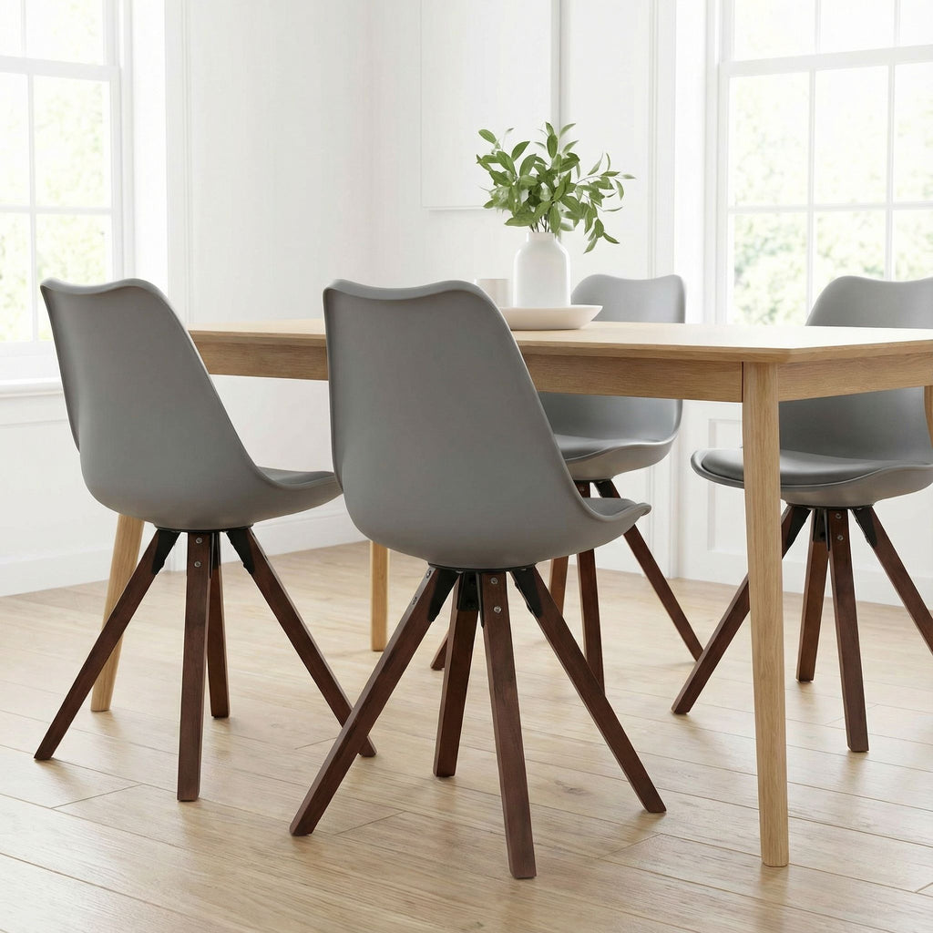 Cortesi Home Troy Dining Chair in Grey Plastic, Walnut Finish Legs with Cushion (Set of 4)