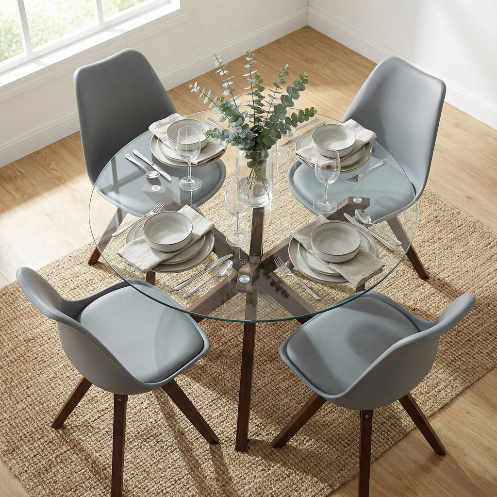 Cortesi Home Troy Dining Chair in Grey Plastic, Walnut Finish Legs with Cushion (Set of 4)