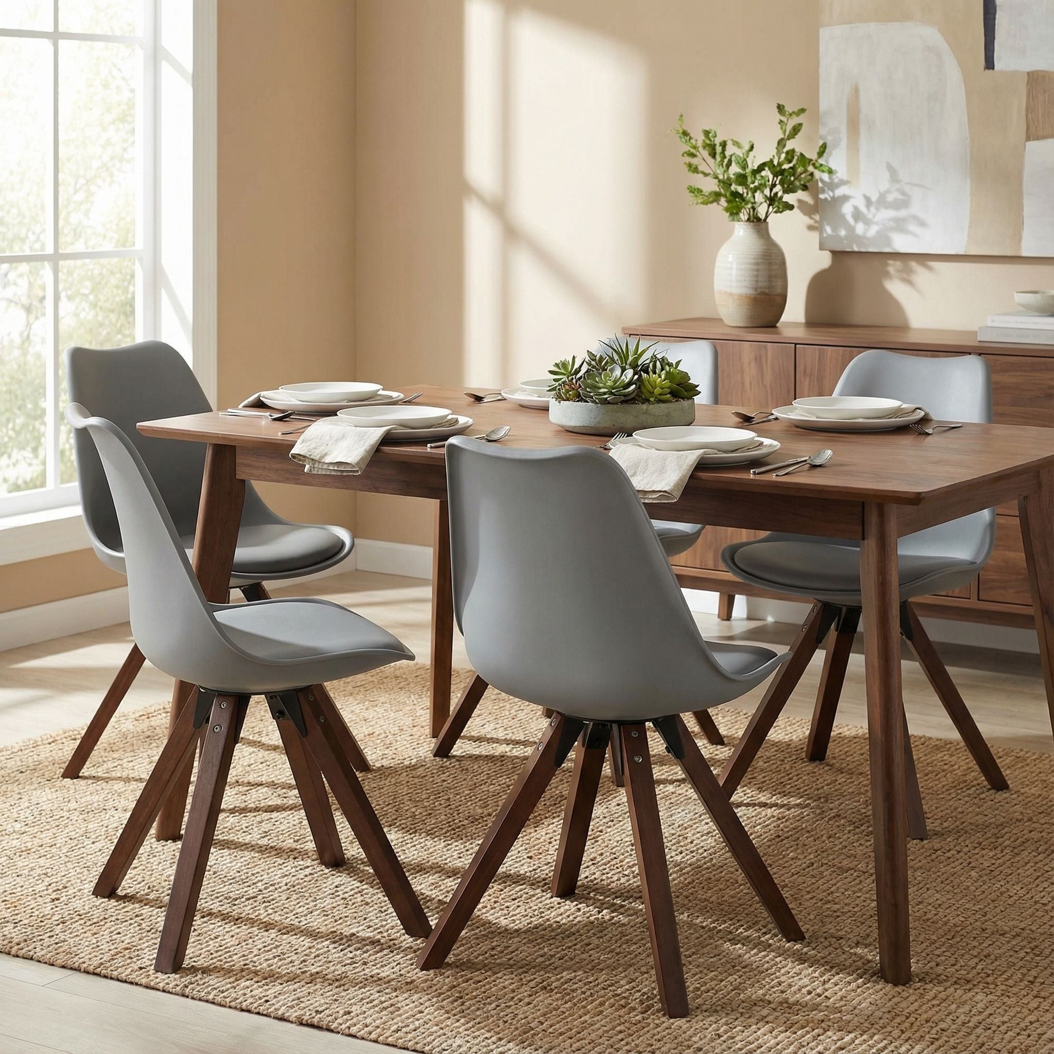 Cortesi Home Troy Dining Chair in Grey Plastic, Walnut Finish Legs with Cushion (Set of 4)