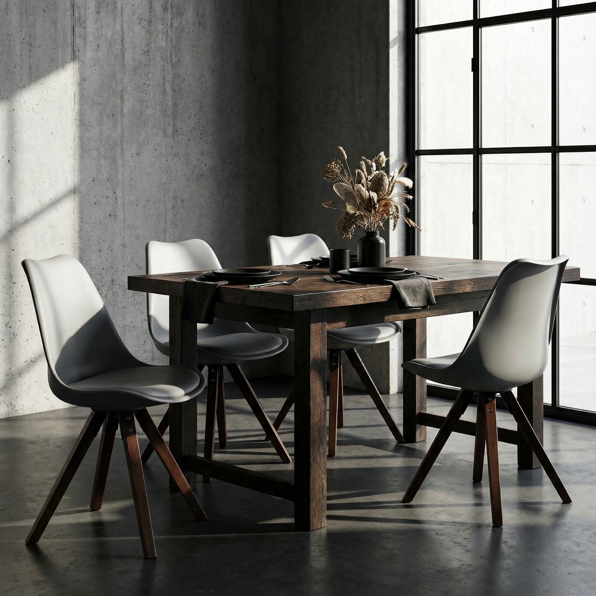 Cortesi Home Troy Dining Chair in Grey Plastic, Walnut Finish Legs with Cushion (Set of 4)