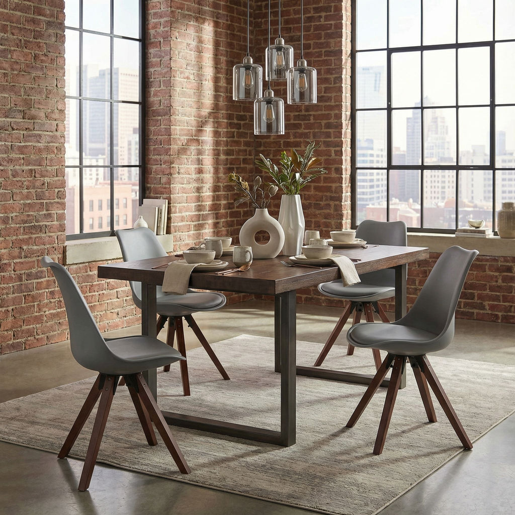 Cortesi Home Troy Dining Chair in Grey Plastic, Walnut Finish Legs with Cushion (Set of 4)