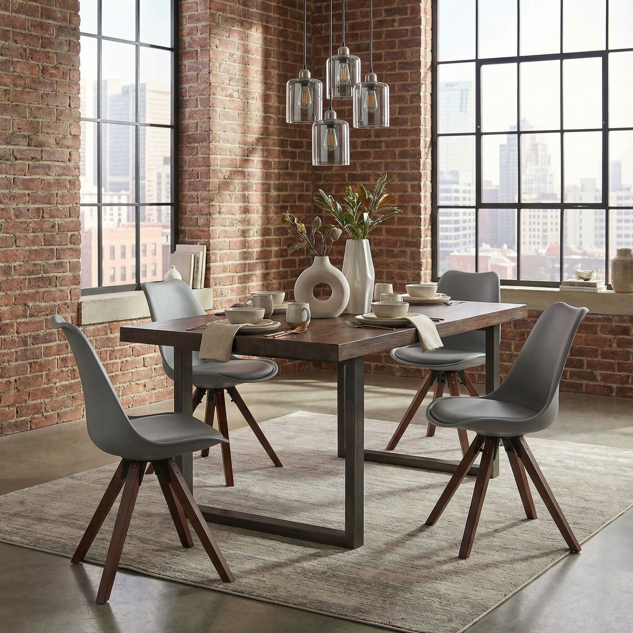 Cortesi Home Troy Dining Chair in Grey Plastic, Walnut Finish Legs with Cushion (Set of 4)