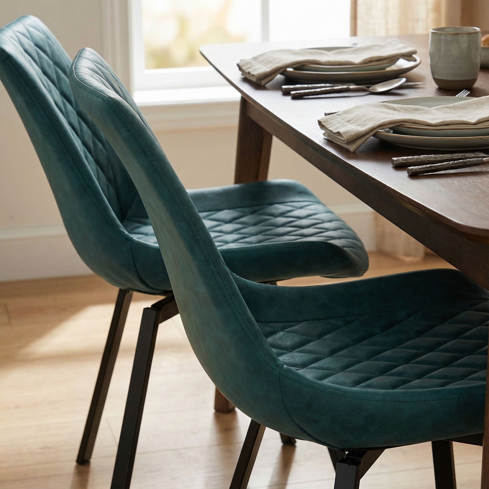 Azov Swivel Dining Chairs in Deep Aqua Faux Leather, Set of 2