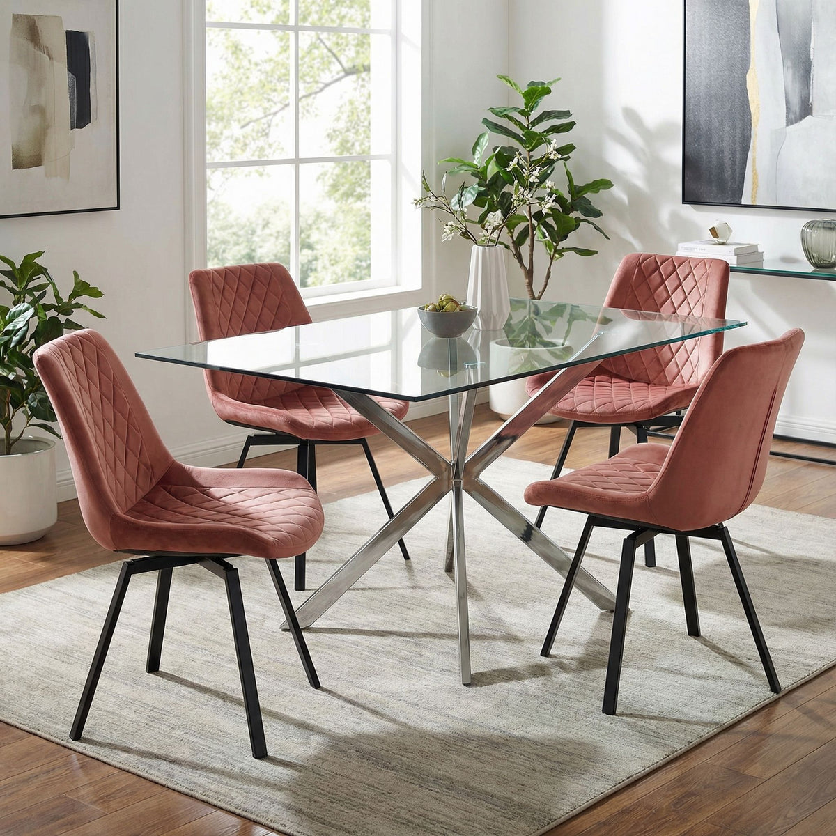 Milani Swivel Dining Chairs in Blush Pink Velvet, Set of 2