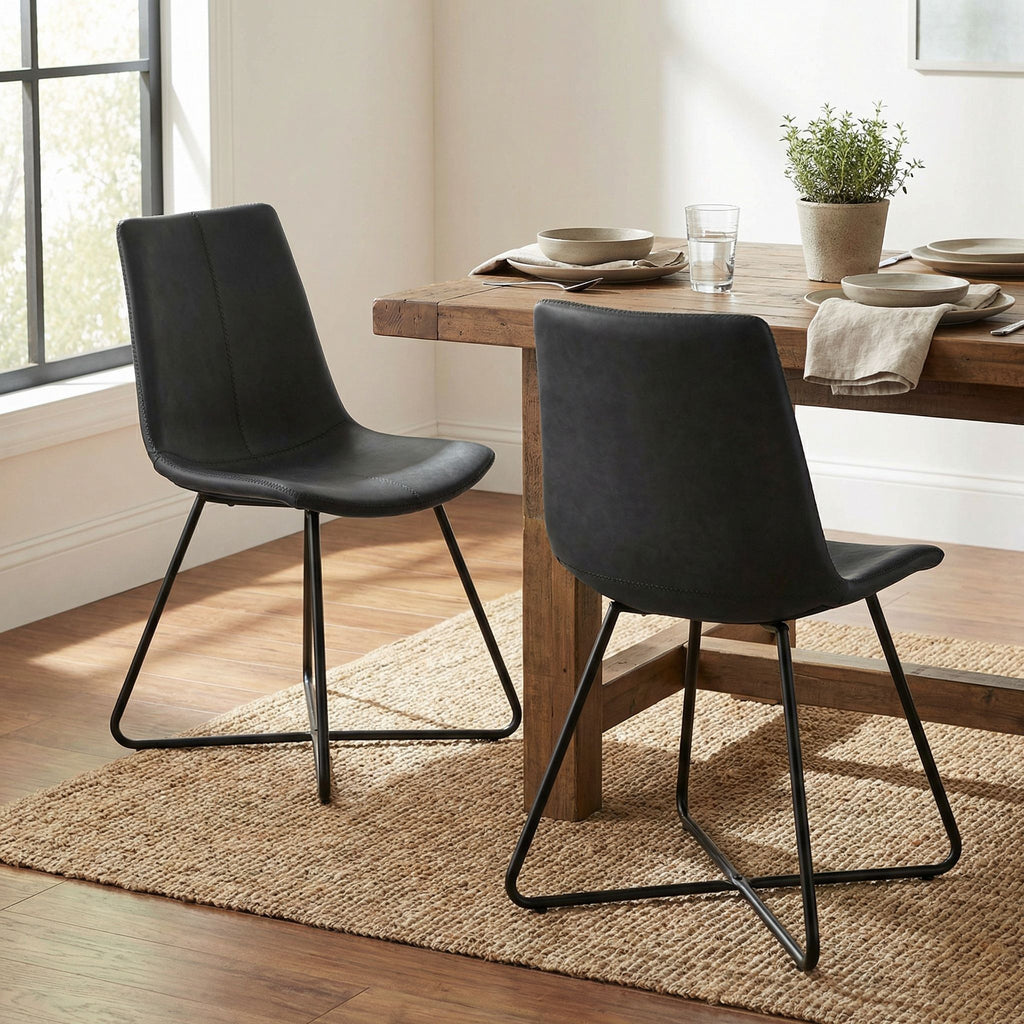 Tangier Dining Chair in Charcoal Black Faux Leather with Black Metal Legs(Set of 2)