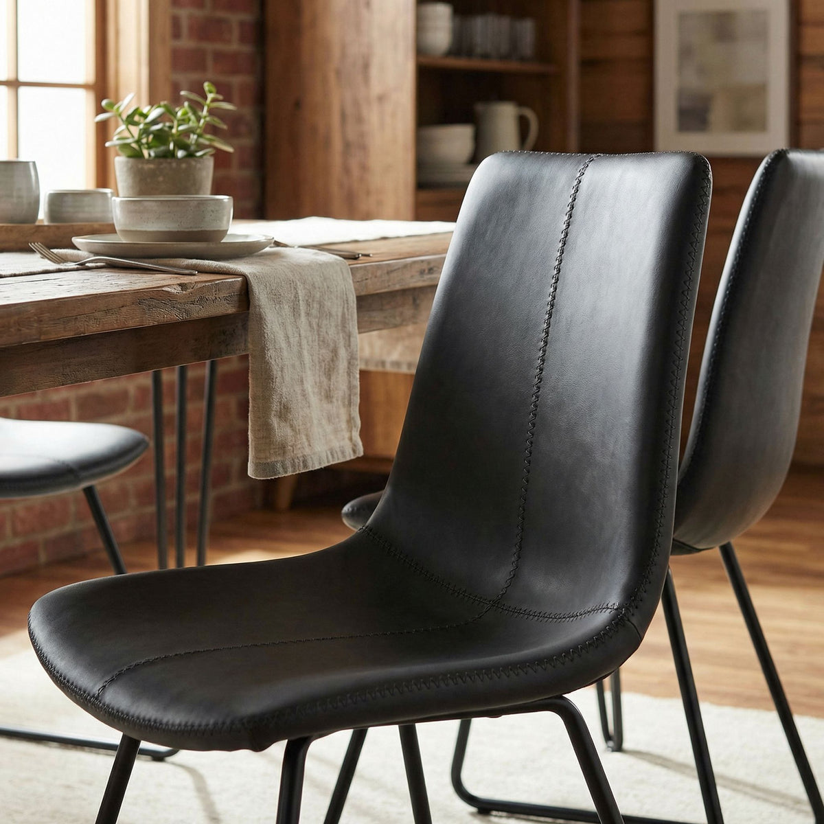 Tangier Dining Chair in Charcoal Black Faux Leather with Black Metal Legs(Set of 2)