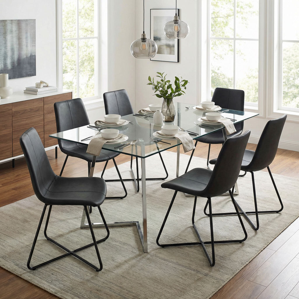Tangier Dining Chair in Charcoal Black Faux Leather with Black Metal Legs(Set of 2)