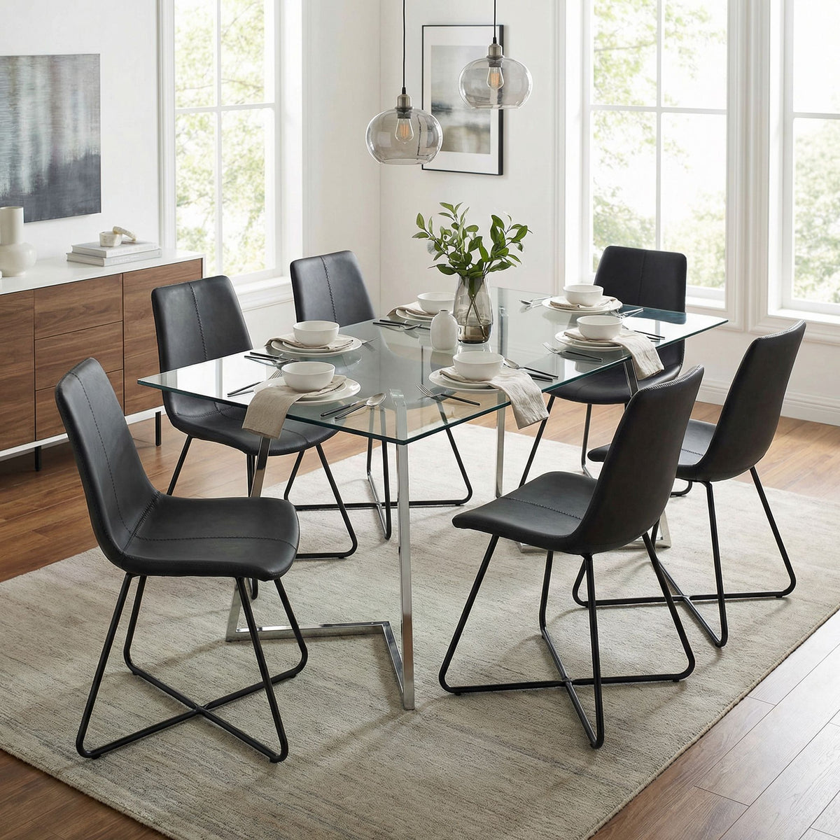 Tangier Dining Chair in Charcoal Black Faux Leather with Black Metal Legs(Set of 2)